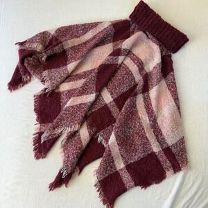 Burgundy Pink Plaid Turtleneck Poncho Fringed Hem Knit Cape OS